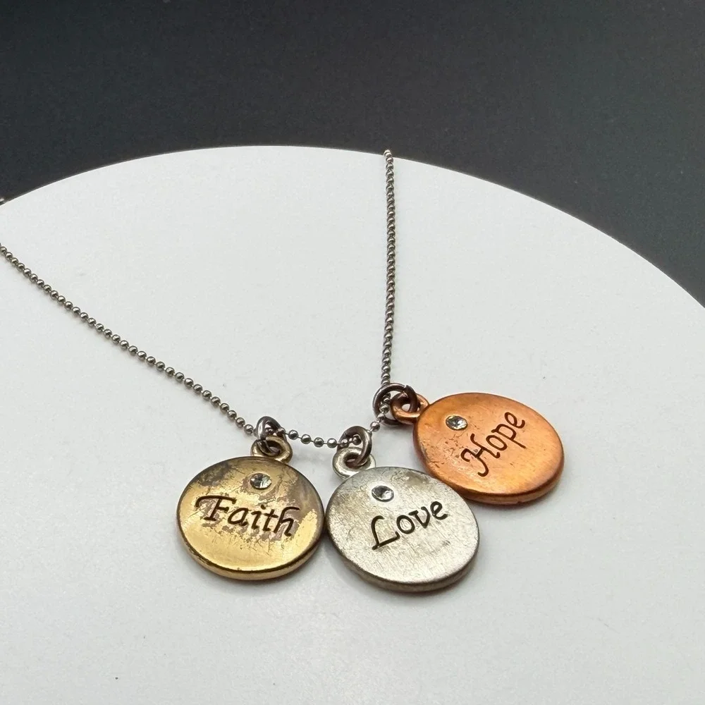 Faith Love Hope Rhinestone Charm Pendant Necklace Mixed Metal Inspirational Gift